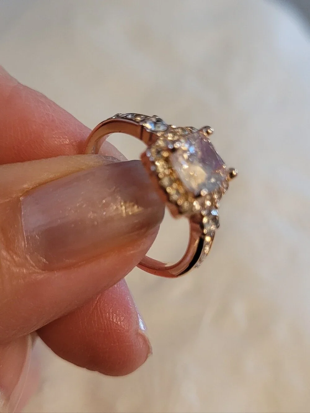 Rose Gold Tone Halo Simulated Diamond Ring - Size 6